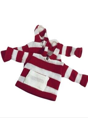 🦄 Pair Teddy Bear Red and White Striped Knit Sweater with Hood